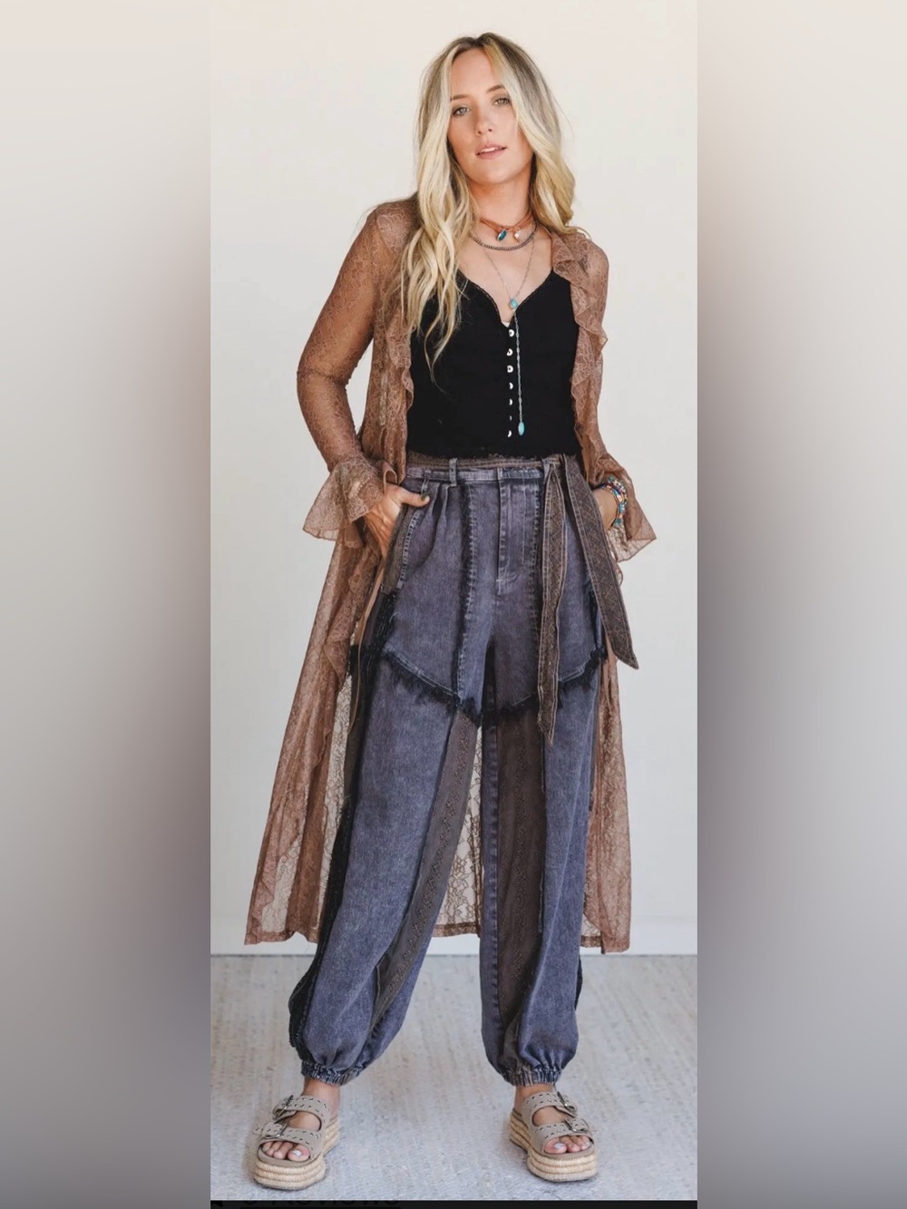 Oli & Hali Lace Daze Washed Black/Grey Jogger Pants w/Tie Waist small